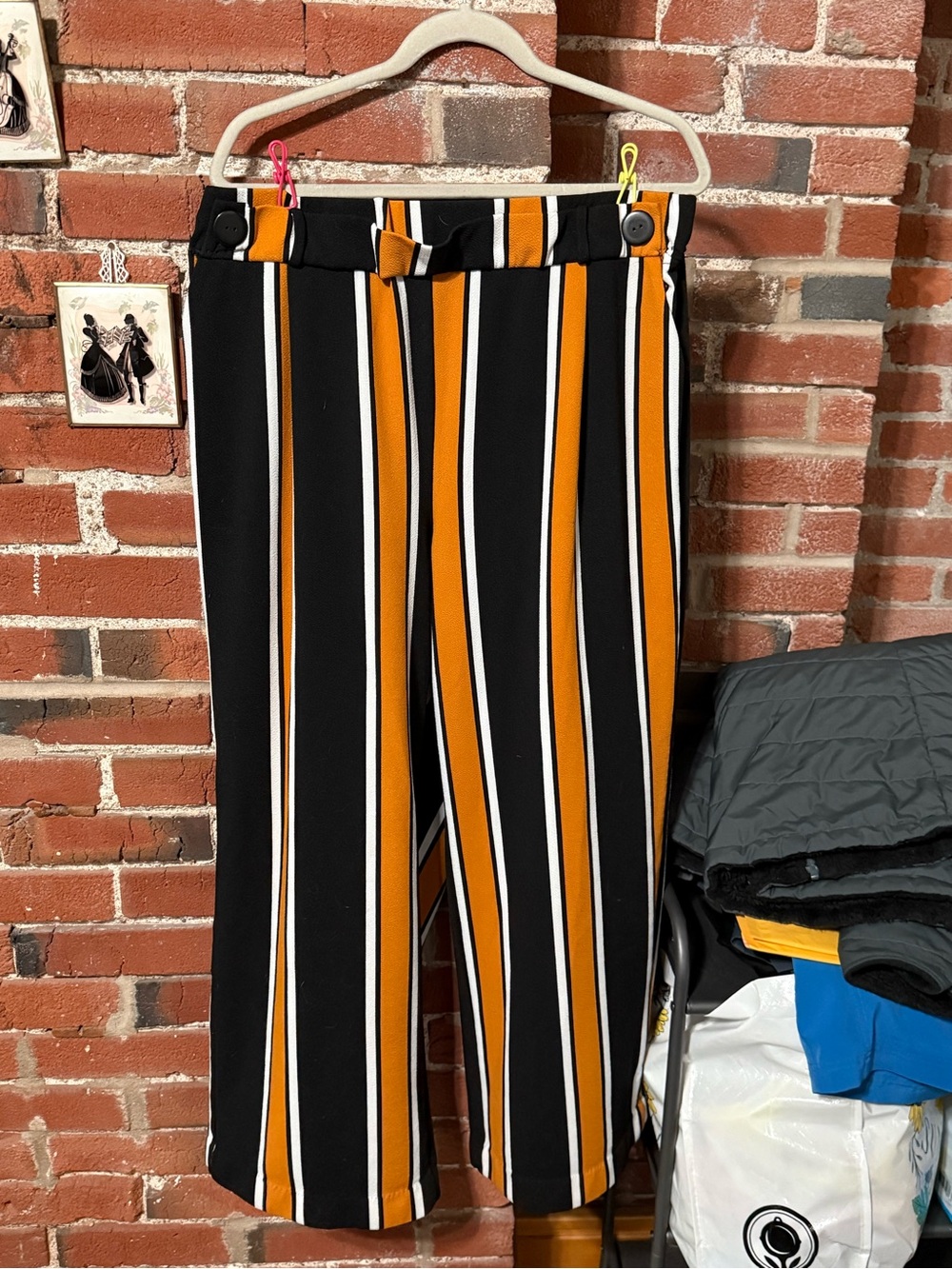 Black & Mustard Vertical Stripe Wide-Leg Pants